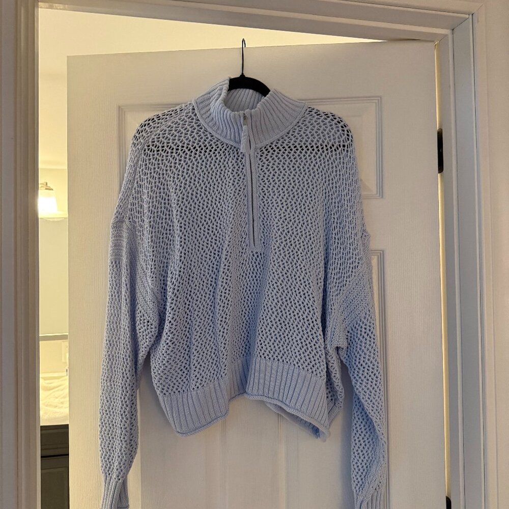 Aerie Crochet Quarter Zip Loose Knit Sweater Baby Blue